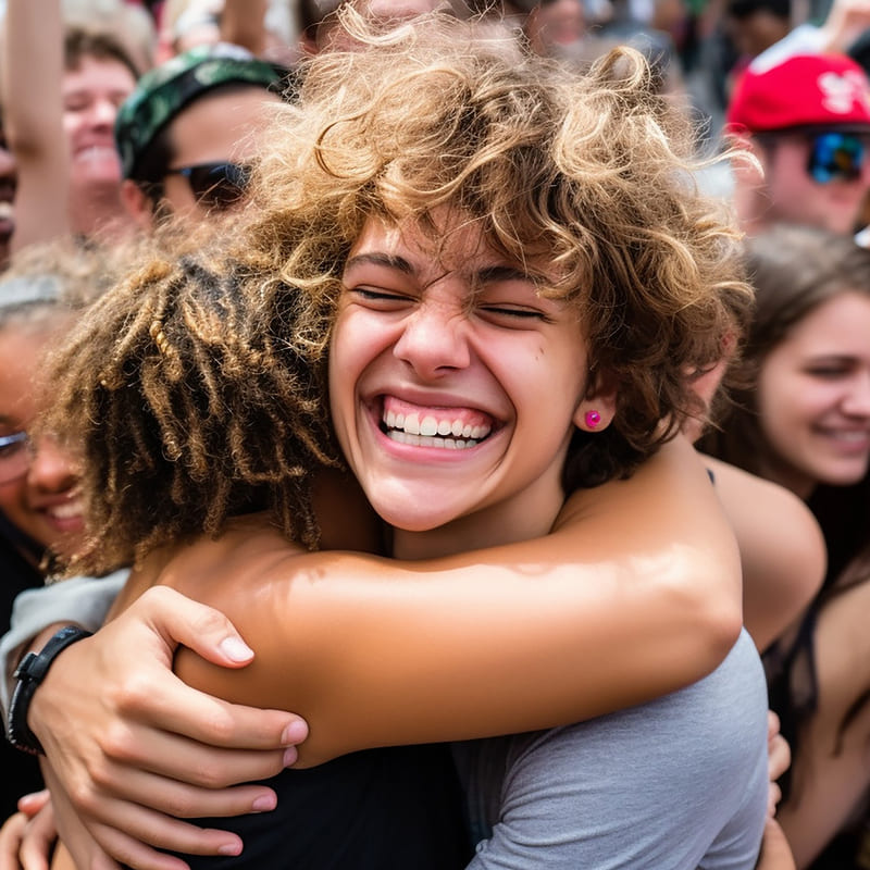 Duas amigas se abraçando com um sorriso muito expressivo, em meio a uma multidão que sorri, em um evento ao ar livre, num dia ensolarado.