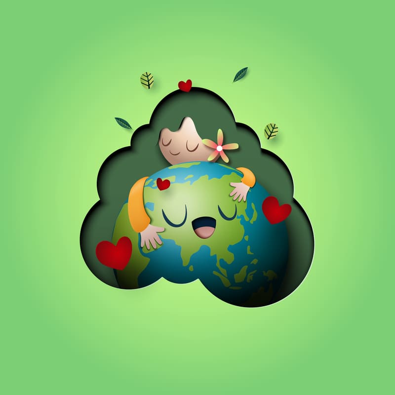 Ilustração de uma menina com cabelos longos que caem aos lados do planeta terra, que está sorrindo e recendo um abraço da menina, num fundo verde vivo.