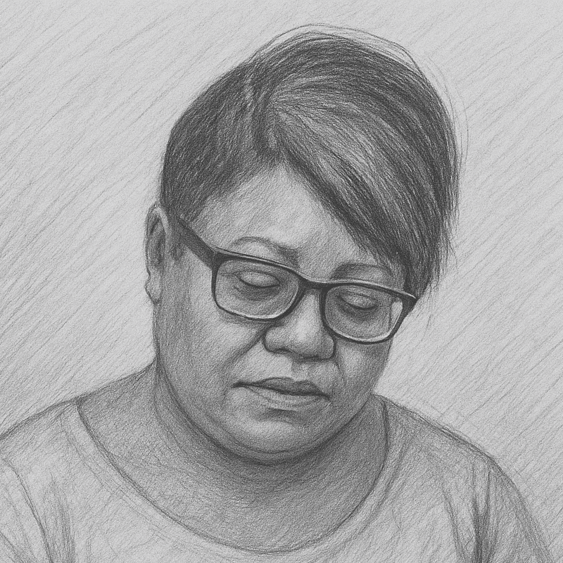 Desenho à lápis grafite, preto e branco, da sra. Sílvia R. com aspecto triste e cabisbaixa, por conta do seu problema odontológico.