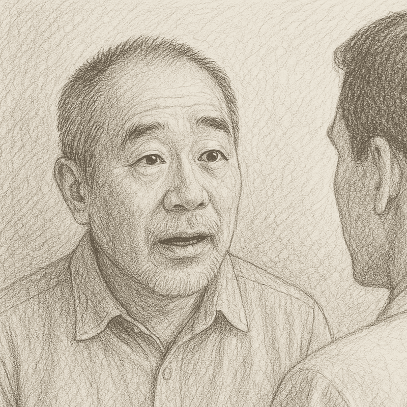 Desenho à lápis grafite, preto e branco, do sr, João C. com aspecto animado e esperançoso, por conta da conversa com o dentista, sobre suas possibilidades de tratamento.