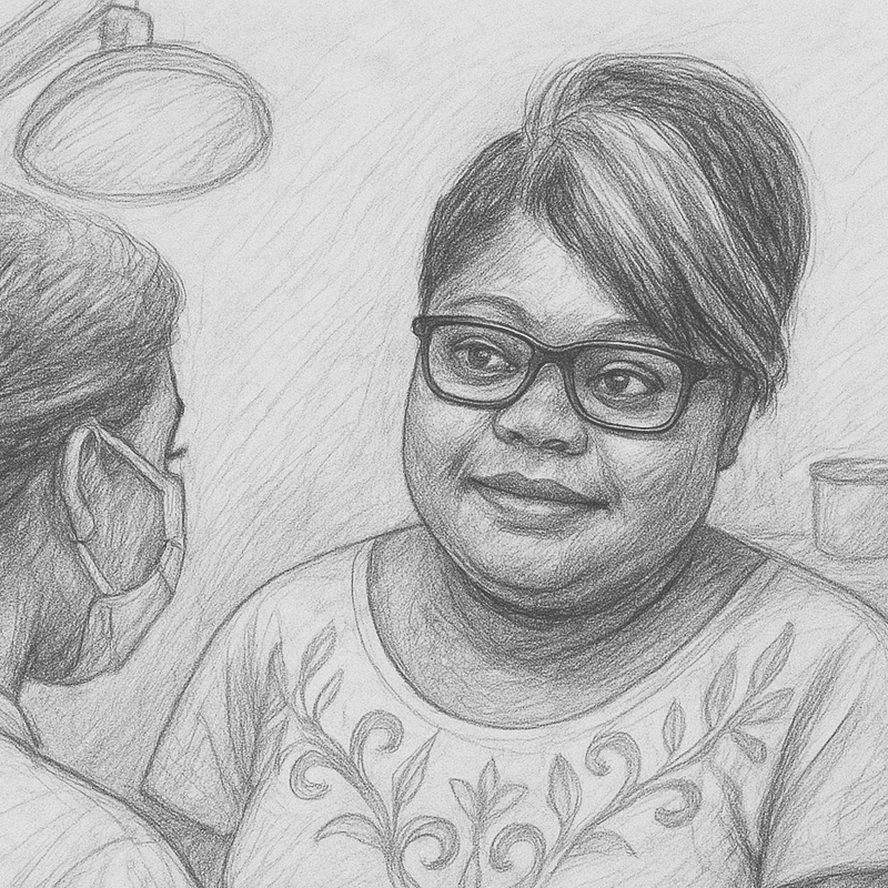 Desenho à lápis grafite, preto e branco, da sra. Sílvia R. com aspecto animada e esperançosa, por conta da conversa com o dentista, sobre suas possibilidades de tratamento.