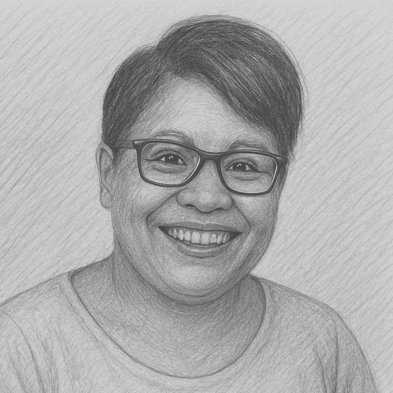 Desenho à lápis grafite, preto e branco, da sra. Sílvia R. com aspecto feliz, após seu tratamento odontológico.