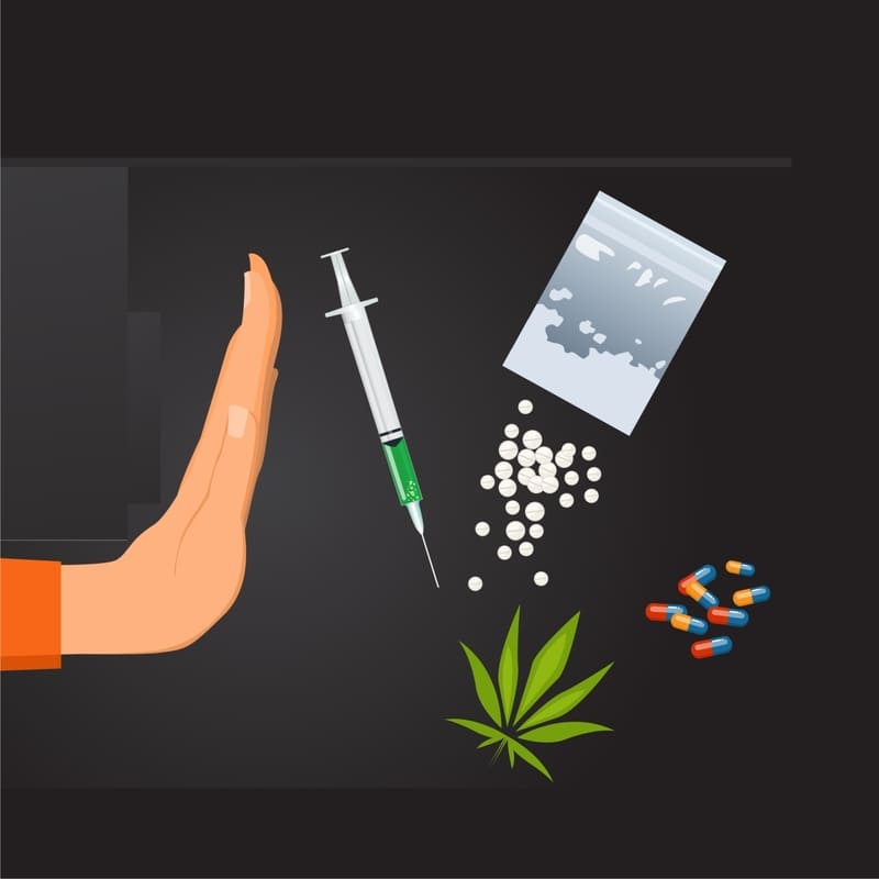 Com um fundo escuro, uma mão espalmada rejeita drogas a ela oferecida, como uma seringa, comprimidos de drogas, um pó branco dentro de uma saco plástico, e outras drogas.