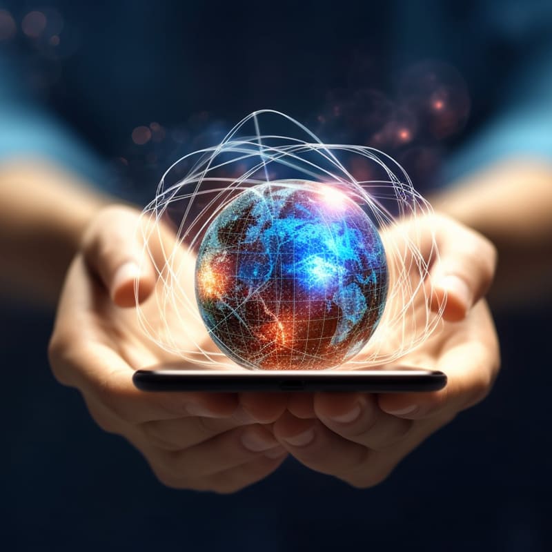 Uma pessoa segurando um celular com as duas mãos, e pairando acima do celular, um globo terrestre, simbolizando que nas palmas das nossas mãos, temos todo o conhecimento disponível no planeta terra.