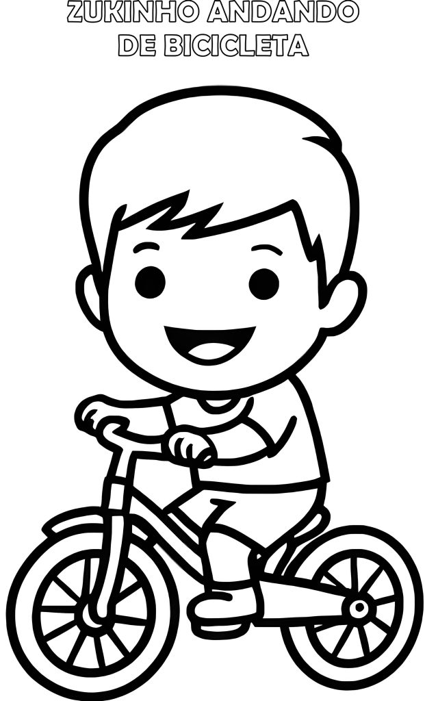 Desenho em preto e branco, para colorir, do mascote Zukinho andando de bicicleta.