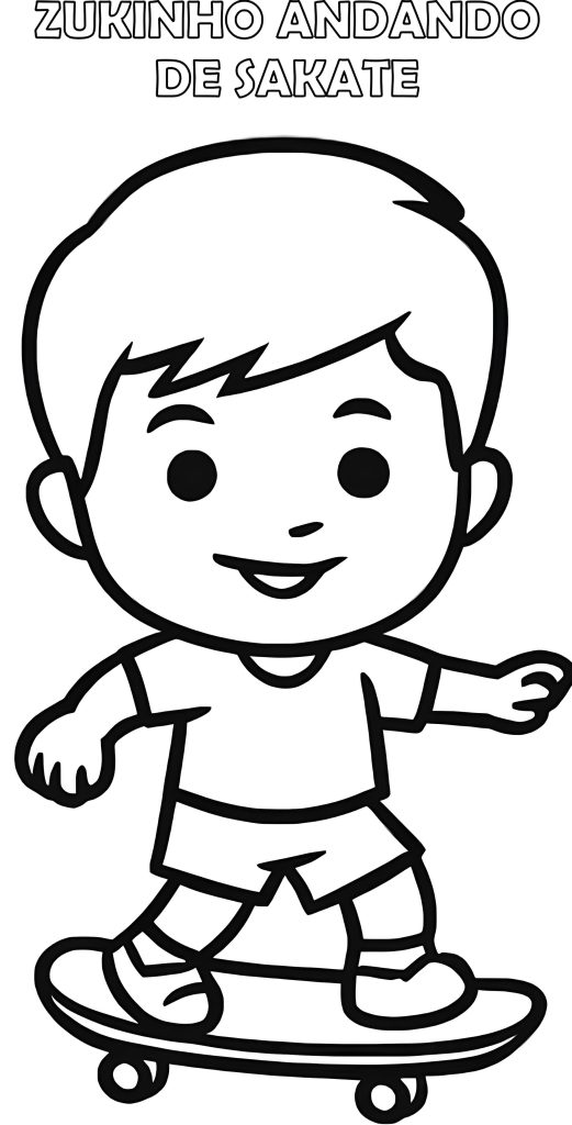 Desenho em preto e branco, para colorir, do mascote Zukinho andando de skate.