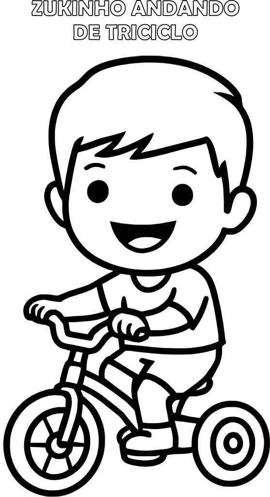 Desenho em preto e branco, para colorir, do mascote Zukinho andando de triciclo.