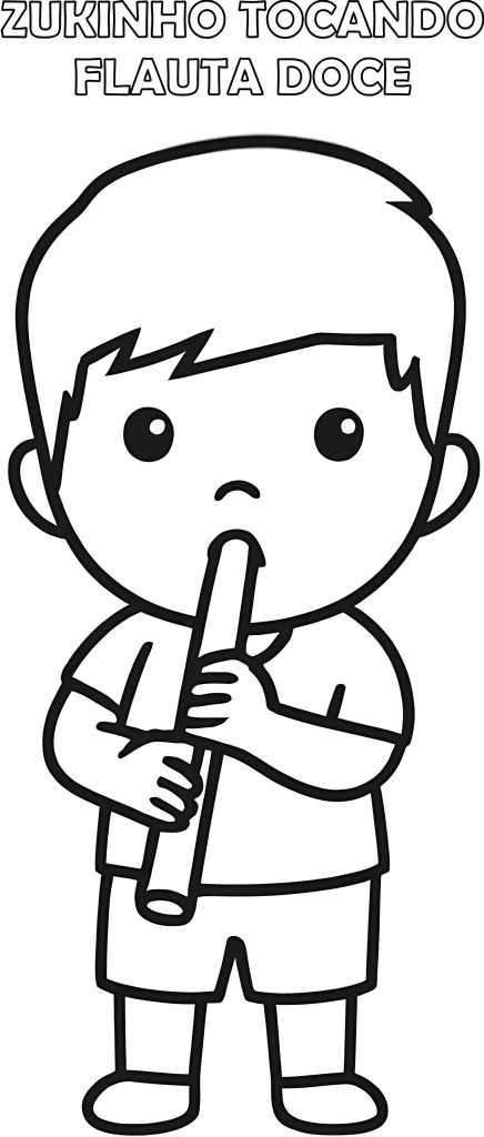Desenho em preto e branco, para colorir, do mascote Zukinho tocando flauta doce.