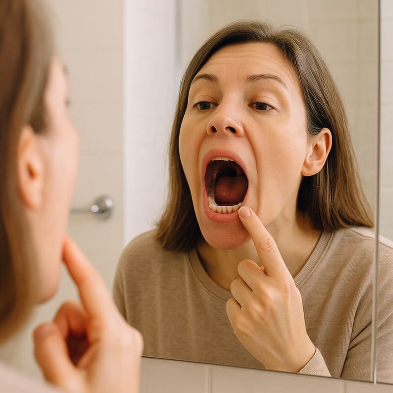 Mulher de meia idade, de cabelos lisos castanhos, com a boca aberta diante do espelho, fazendo uma análise dos dentes, em um banheiro iluminado.