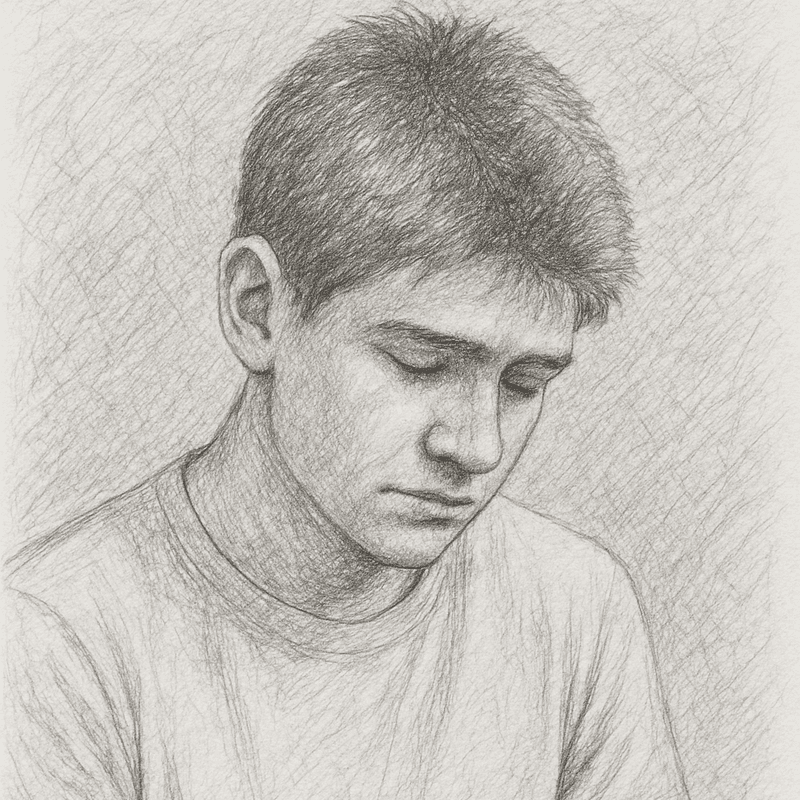 O jovem Lucas, personagem desta postagem, com um semblante triste, olhar para baixo, por conta do seu problema de desalinhamento dental, que o impedia de ter convívio social.