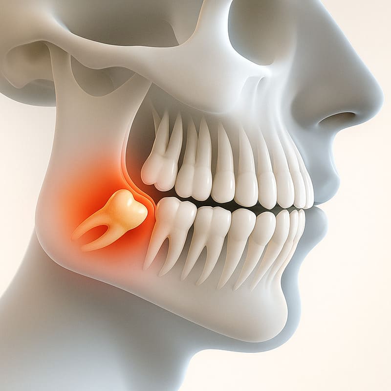 Imagem virtual de uma mandíbula humana feminina, com transparência na lateral, permitindo ver o dente do siso e o estado inflamatório gerado.