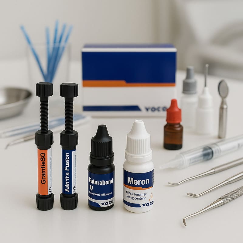 Em uma mesa branca, de um consultório odontológico, vários materiais e instrumentos estão colocados de forma organizada, e ao centro, insumos da marca Voco, que são o tema desta matéria.