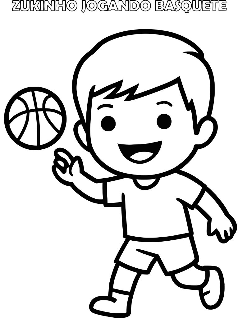 Desenho em preto e branco, para colorir, do mascote Zukinho jogando basquete.