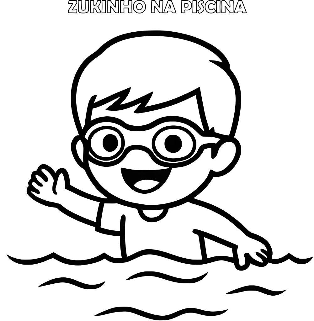 Desenho em preto e branco, para colorir, do mascote Zukinho brincando na piscina.