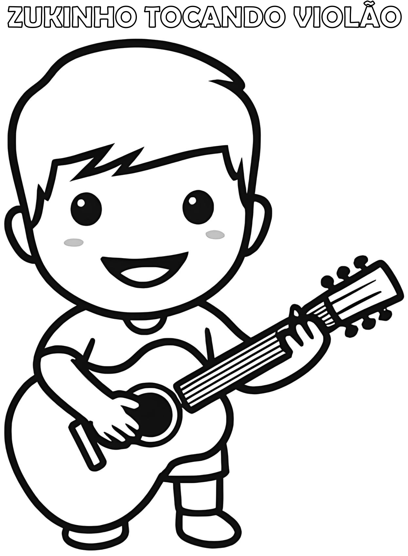 Desenho em preto e branco, para colorir, do mascote Zukinho tocando violão.