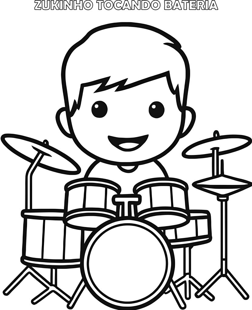 Desenho em preto e branco, para colorir, do mascote Zukinho tocando bateria.