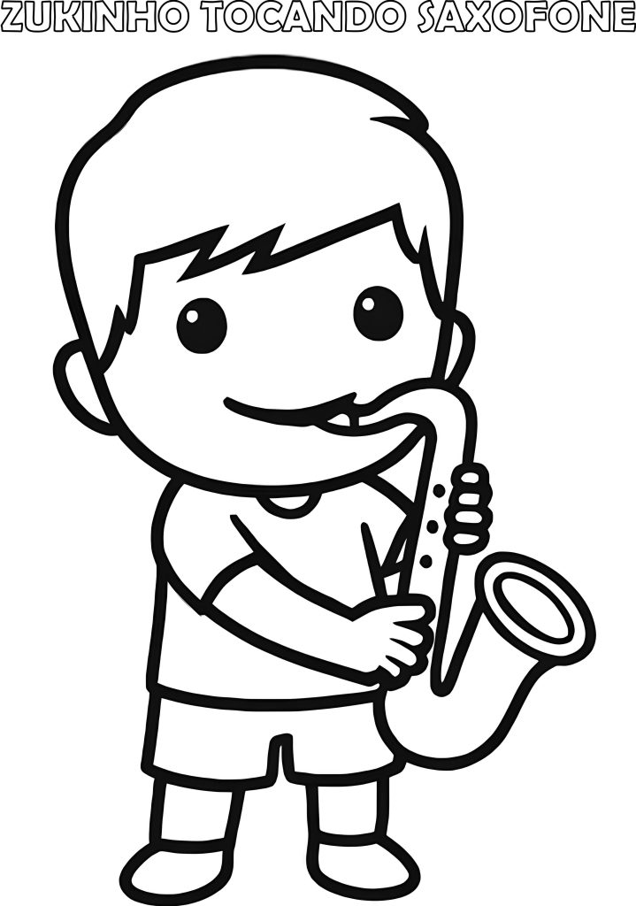 Desenho em preto e branco, para colorir, do mascote Zukinho tocando saxofone.