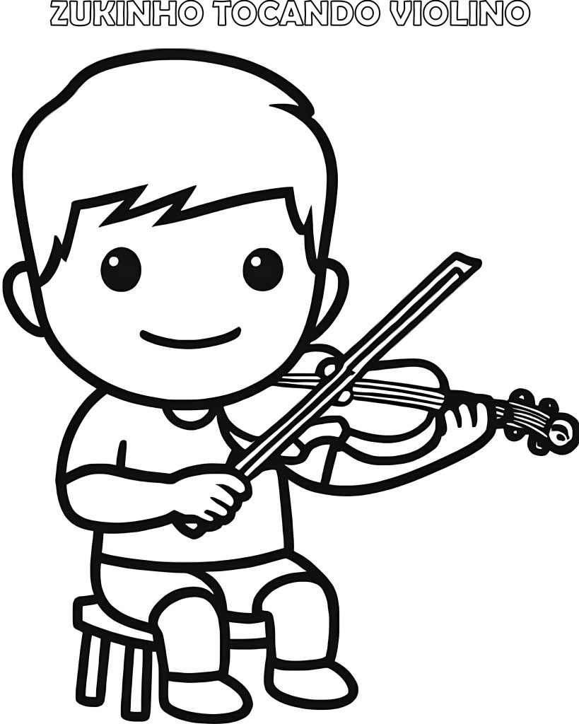 Desenho em preto e branco, para colorir, do mascote Zukinho tocando violino.