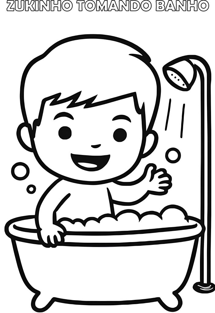Desenho em preto e branco, para colorir, do mascote Zukinho tomando banho em uma banheira.