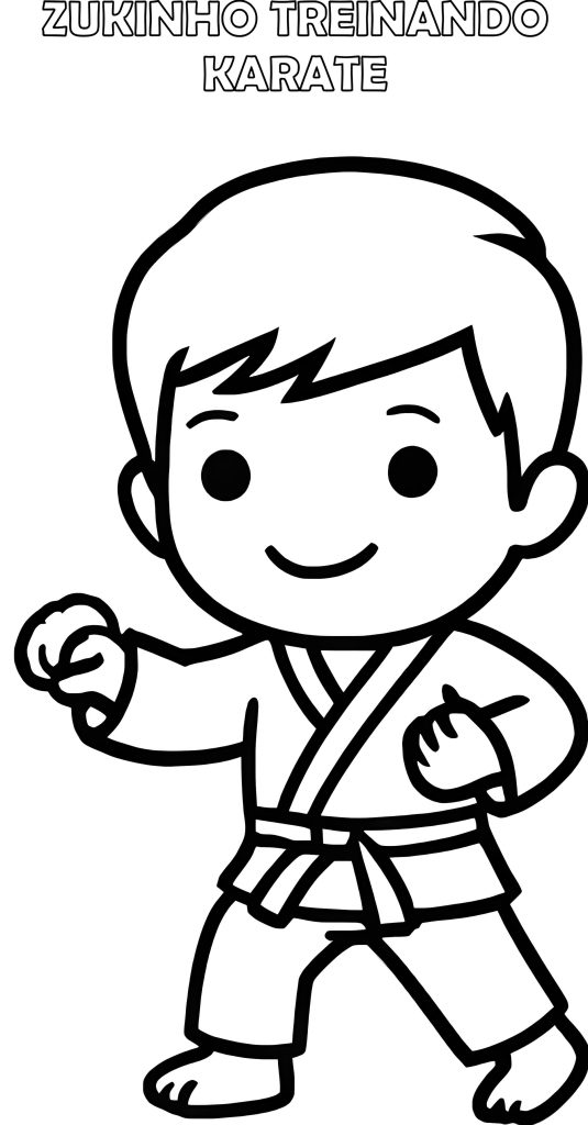 Desenho em preto e branco, para colorir, do mascote Zukinho treinando karate.