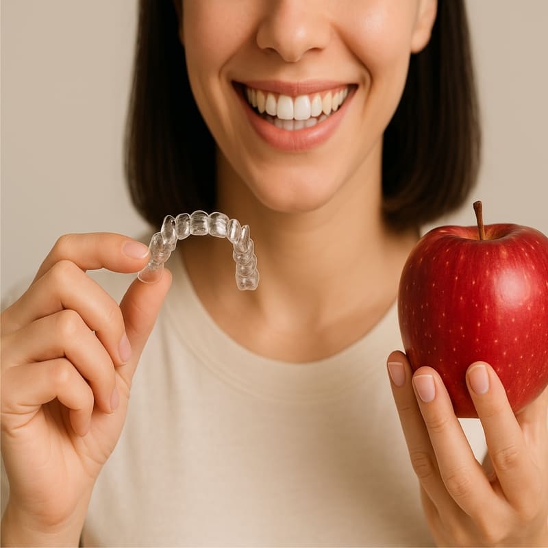 Uma moça de cabelos castanhos segura em uma das mãos um aparelho Invisalign, e na outra uma maçã, demonstrando que o aparelho pode ser retirado para alimentação.