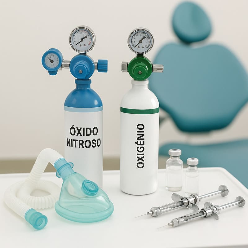 Em uma mesa de consultório odontológico, vemos dois cilindros, um de óxido nitroso e um de oxigênio, ao lado da máscara para sedação consciente, e duas seringas de aplicação anestesias.