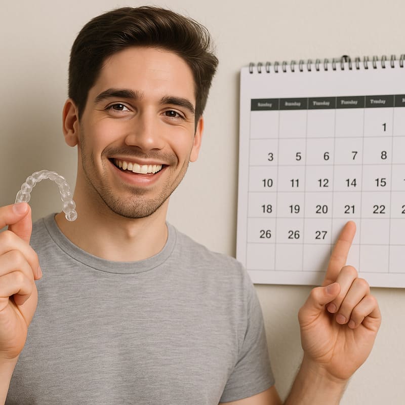 Um rapaz de vinte anos segura o aparelho Invisalign com uma mão, e com a outra ele aponta para uma calendário, na parede, demonstrando que o tempo de uso é reduzido.