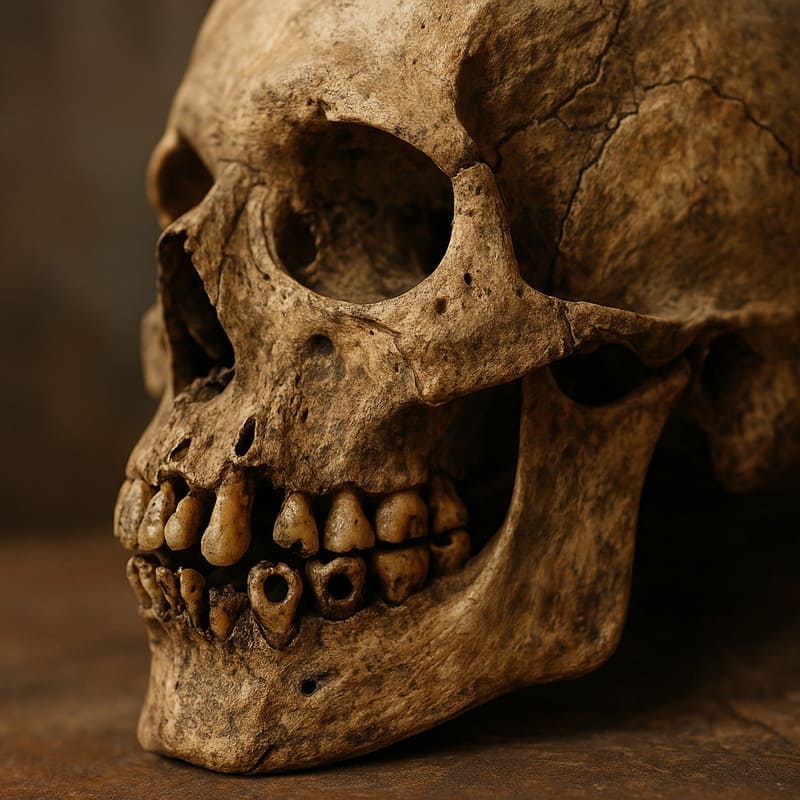 Foto de crânio humano, com data pré histórica, com perfurações em alguns dentes.
