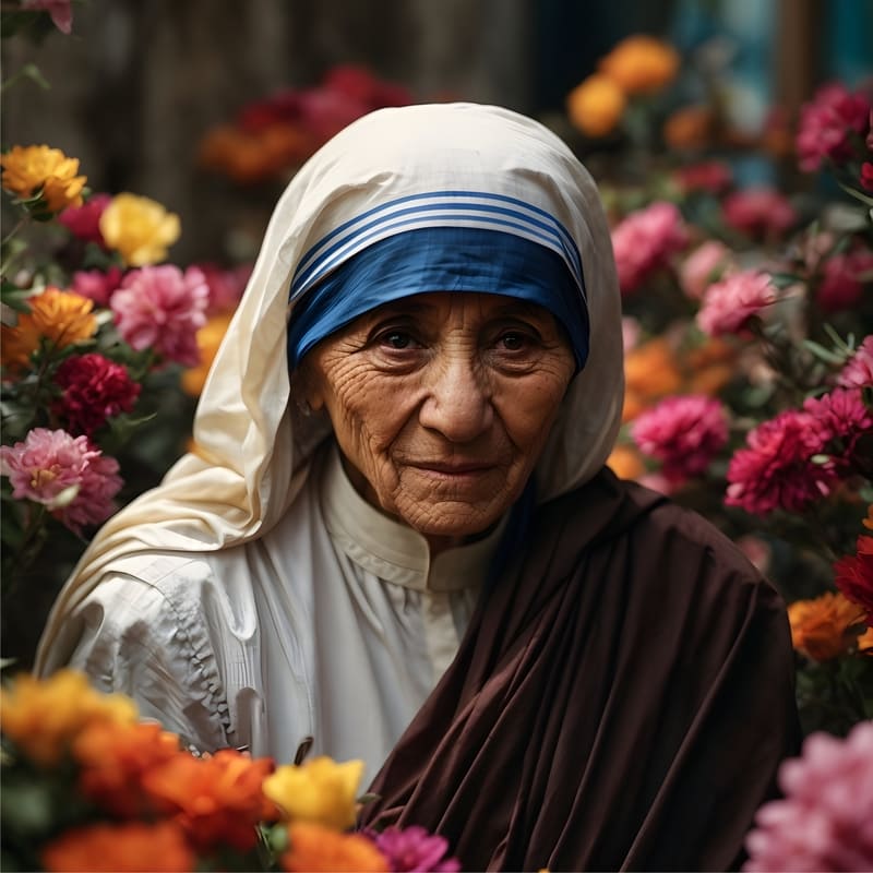 Foto da Madre Teresa de Calcutá, em um jardim florido.