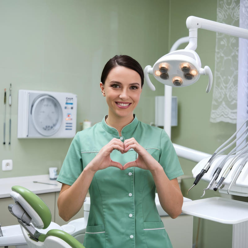 Uma cirurgiã dentista, dentro de um consultório odontológico, sorrindo e fazendo um símbolo de coração com as mãos.