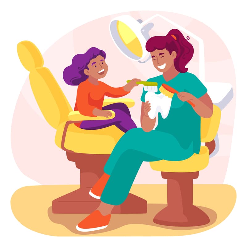 Uma ilustração colorida de uma criança sentada na cadeira de dentista, brincando com sua dentista, simulando a escovação de um grande dente, num momento de sorrisos.