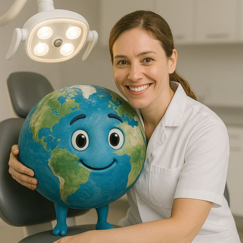 Em um consultório odontológico iluminado, uma dentista abraça seu paciente, na cadeira de procedimentos, porém, como é comemoração do dia mundial do dentista, ela está abração o planeta terra, simbolizando o mundo todo.