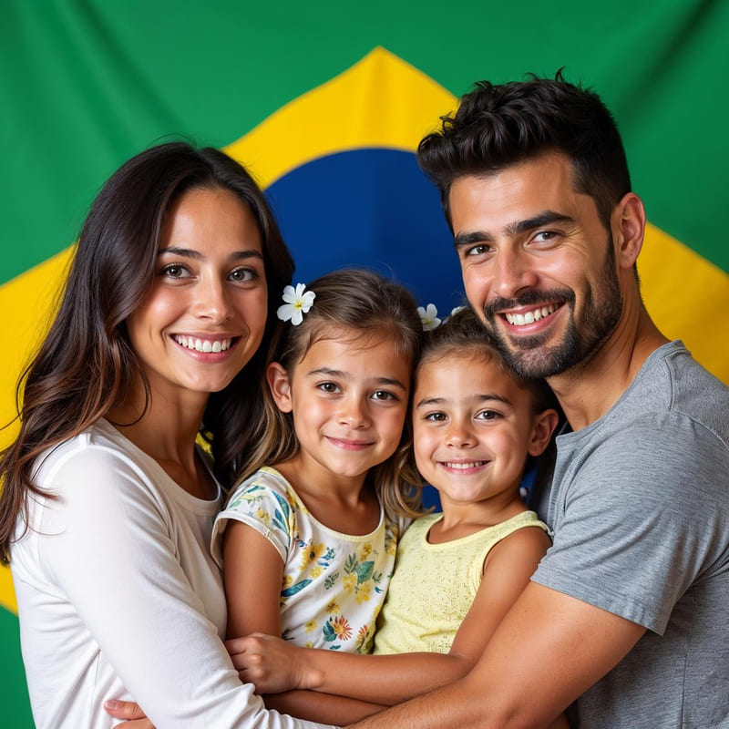 Foto de uma família feliz, um pai e uma mãe, com duas filinhas pequenas entre eles, todos sorrindo, e com uma bandeira do Brasil estendida ao fundo.