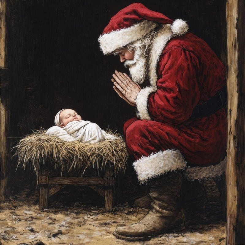 Papai Noel ajoelhado, em reverência e adoração, com as mão em postura de oração, em frente à manjedoura onde está o menino Jesus.