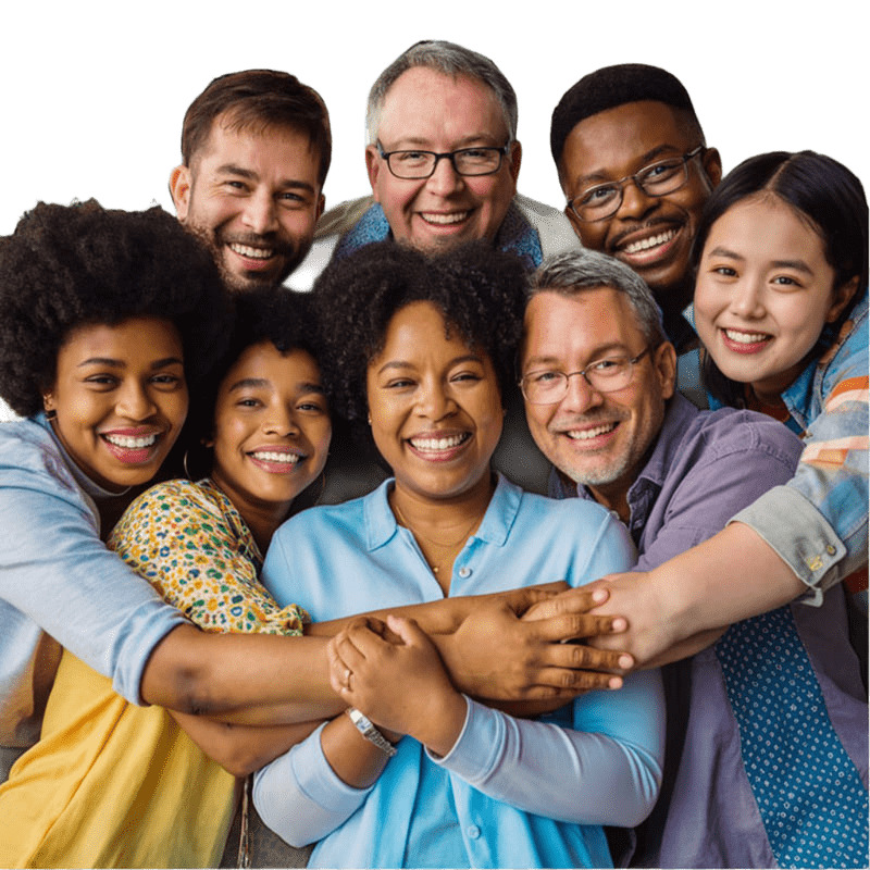 Oito pessoas, 4 homens e 4 mulheres, de diferentes etnias, todos sorridentes e um abraço simbolizando a solidariedade.