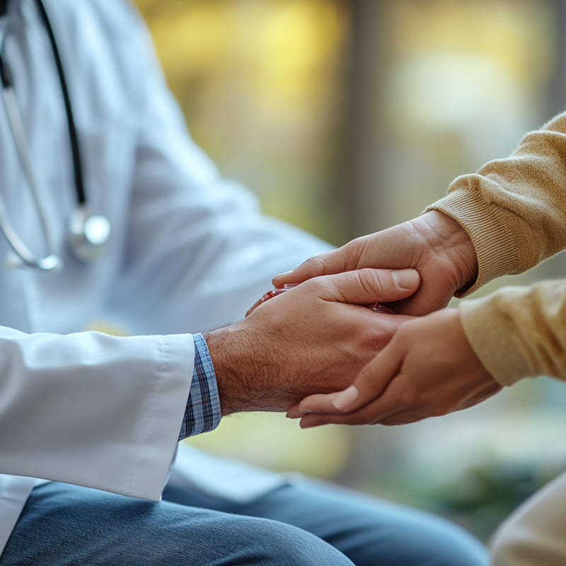 Um close nas mãos do médico, segurando as mãos do paciente, num gesto de apoio e fé na busca de um tratamento eficas.
