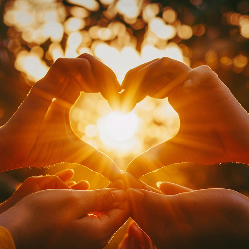 Amigos fazendo um coração com os dedos das mãos, em um bosque iluminado e com a luz do sol passando por dentro do coração.