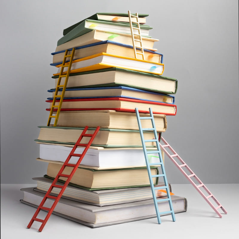 Foto de uma pilha de livros com escadinhas subindo entre os livros, passando a ideia de que subimos em conhecimento através dos livros.