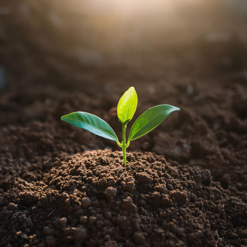 Um pequeno broto de planta, no topo de uma montinho de terra, em ambiente escuro, mas com um raio de sol exatamente sobre ele, fazendo alusão ao dia mundial da terra.