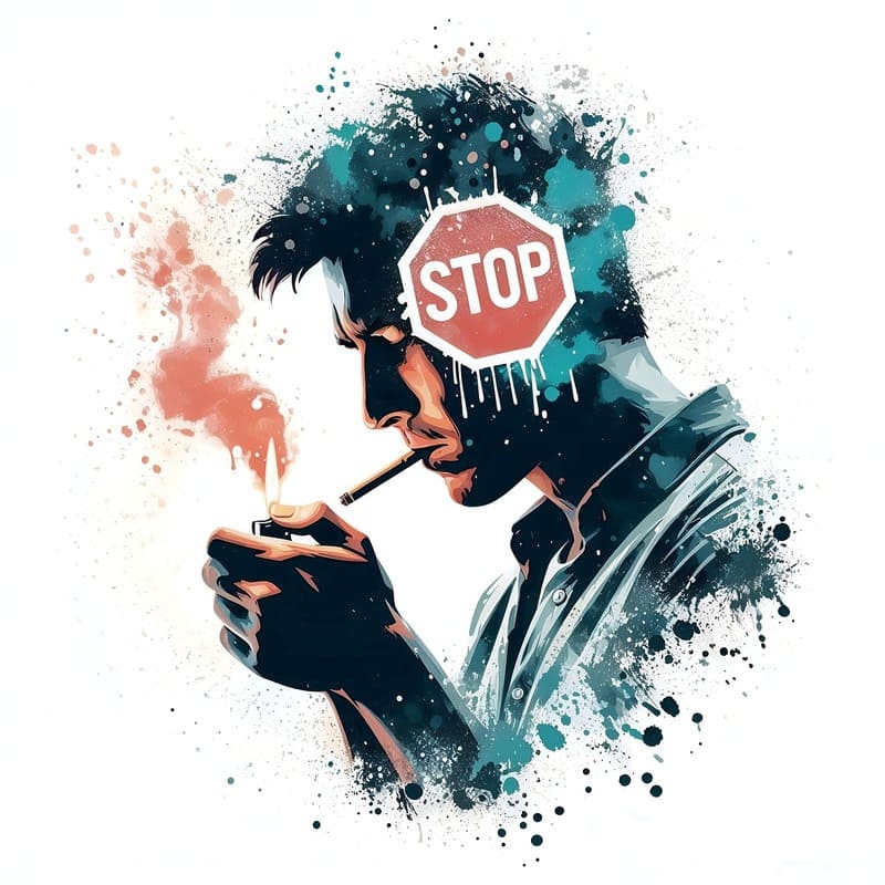 Ilustração de um homem de perfil, acendendo um cigarro, e com uma placa na frente do rosto escrito STOP, já que o post fala sobre os malefícios do tabagismo.