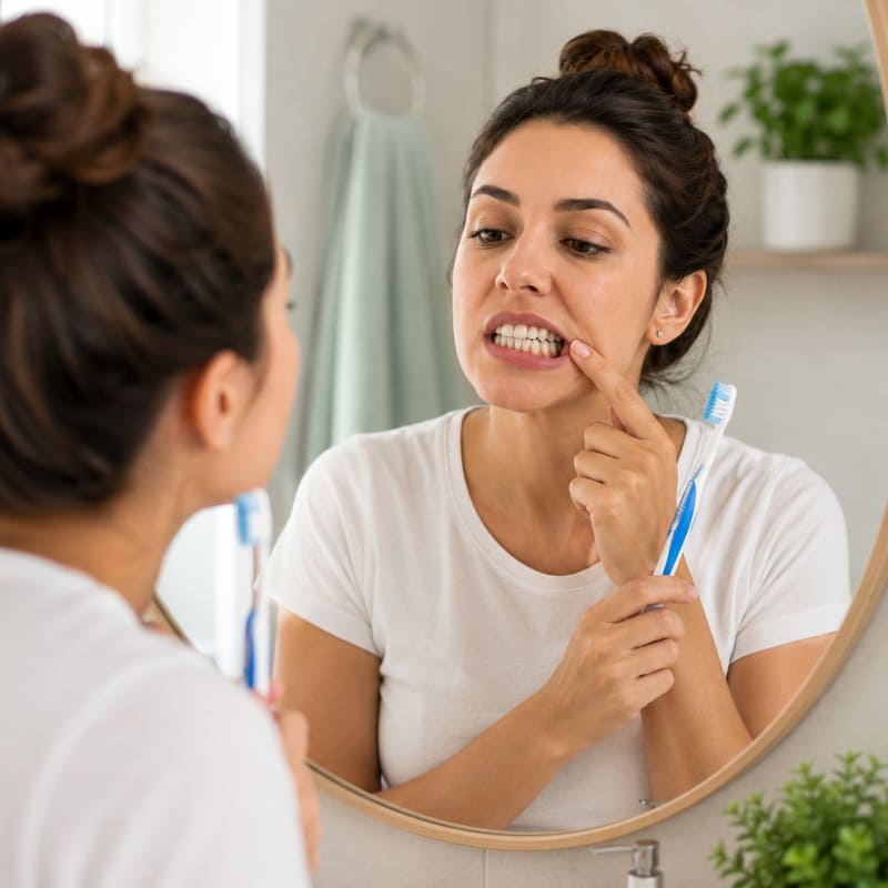 Uma moça de frente ao espelho, numa rotina de observação e cuidados com a boca, segura uma escova de dentes com uma das mãos, e com a outra ela puxa a bochecha para o lado, expondo os dentes do fundo, com olhar atento.