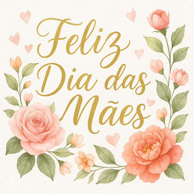 Uma rama de rosas como se fosse uma trepadeira, com vários botões, e ao centro escrito em dourado, Feliz Dia das Mães.