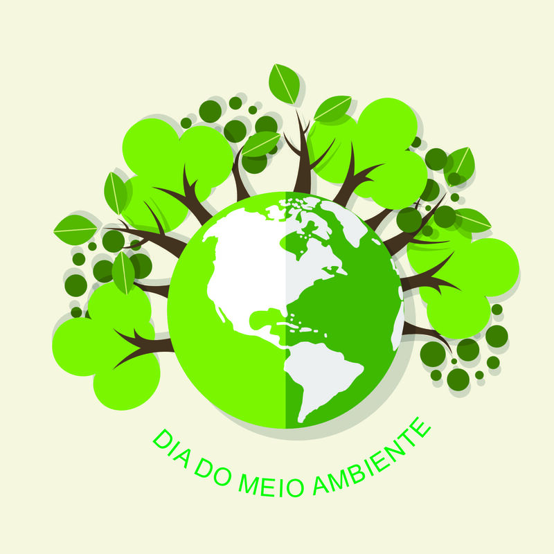Ilustração com fundo beje claro, de um planeta terra ao centro e árvores em volta aparentando ser os cabelos de uma pessoa, e abaixo um texto circular acompanhando o formato da terra, com os dizeres DIA DO MEIO AMBIENTE.