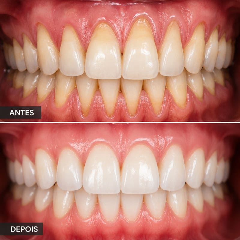Imagem realista de uma dentição, com estagios antes e depois, para o caso de periodontite, especificamente retração gengival.