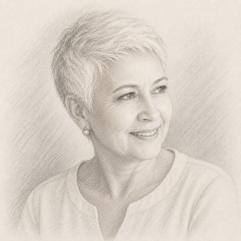 Desenho à grafite, de uma senhora de cabelos brancos e curtos, com um leve sorriso, expressando satisfação pelo bom resultado do seu tratamento dentário.