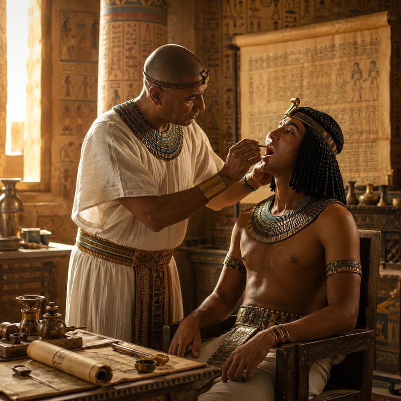 Imagem de Hesy-Re, considerado como um dos primeiros dentistas da história, no Egito de 2600 anos antes de Cristo. Ele examina a boca de um integrante da corte, em um ambiente decorado com pergaminhos e instrumentos primitivos.