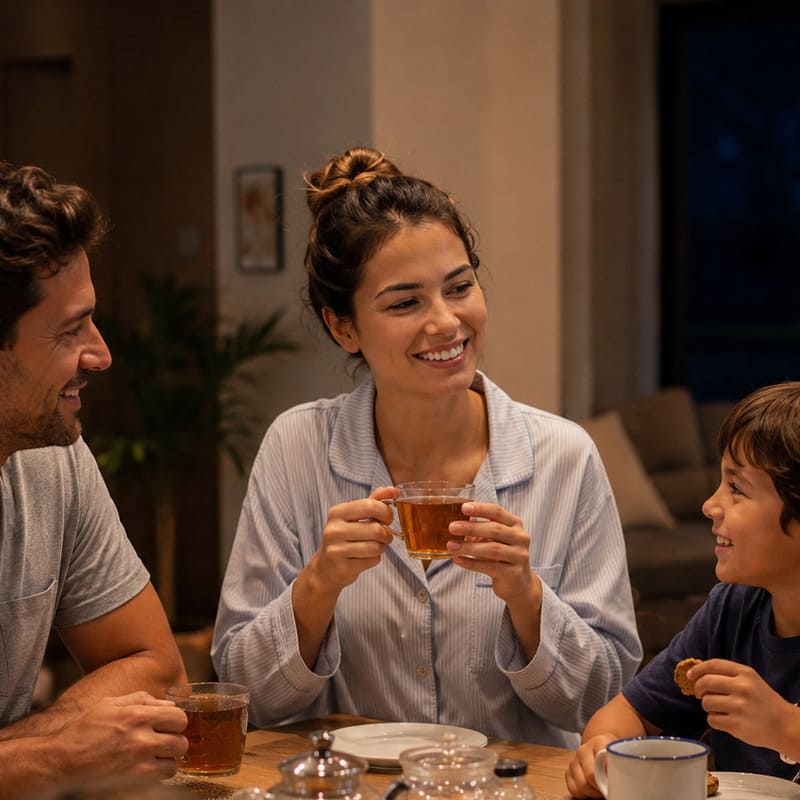 Uma família reunida para um chá antes de dormir, marido à esquerda, esposa no centro e filho à direita, demonstrando cuidado com a alimentação, visando a saúde bucal.