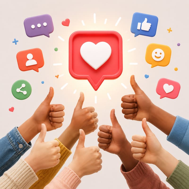 Uma ilustração de várias mãos fazendo sinal de positivo com o polegar, como um like ou joinha, e vários ícones de redes sociais.