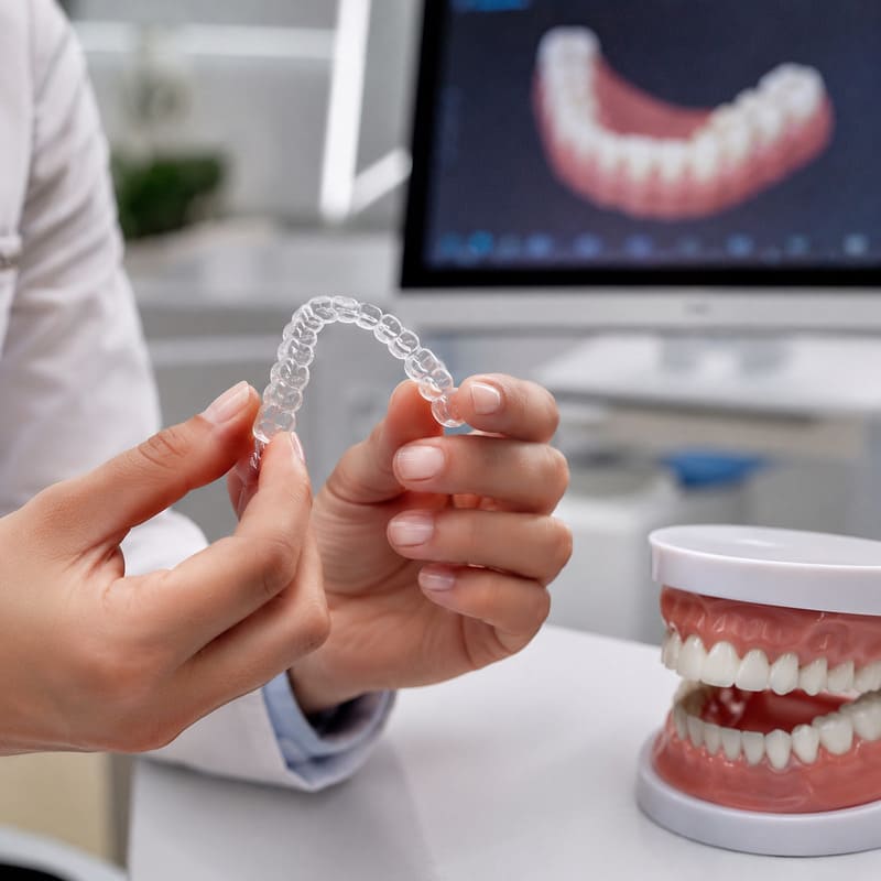 Foto de um consultório odontológico iluminado, e uma dentista segurando nas mãos uma unidade de Invisalign, com um momitor ao fundo e uma arcada dentária de resina na mesa, demonstrando tercnologia.