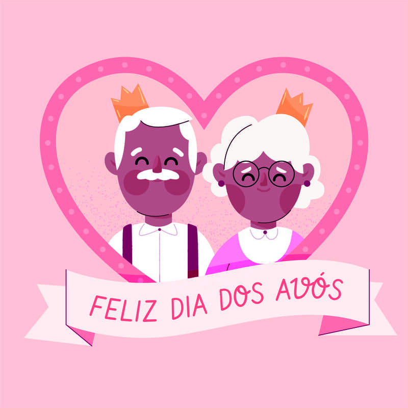Ilustração toda na cor pink, com um coração lilaz, e o desenho de um avô e uma avó, com uma flâmula escrito: "Feliz dia dos Avós".